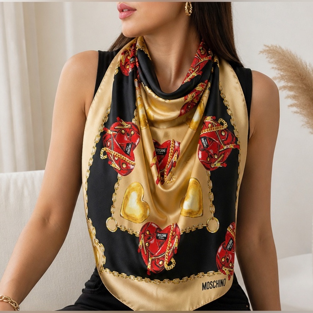NWT MOSCHINO Silk Red/Black/Gold Heart Print Medium Square Scarf Made In Italy